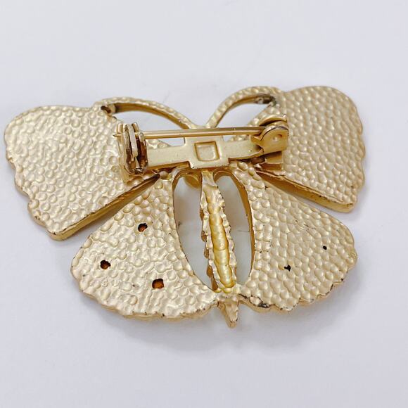 VTG 1950s Butterfly Brooch Colorful Rhinestone Pearl Mid Century Gold Tone Pin - Picture 7 of 8